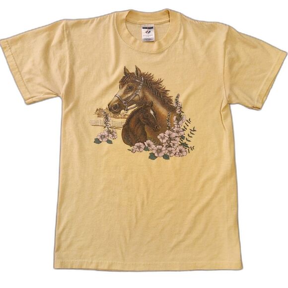 Y2K Vintage Horse+Flowers T-Shirt, Butter Yellow, Western, Cowboycore, Sz S - Picture 1 of 7